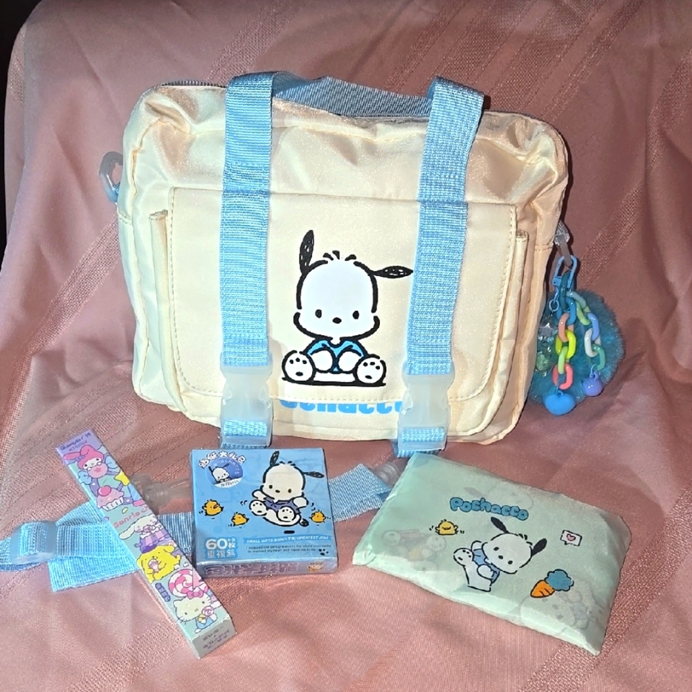 Pochacco Cream and Blue Bag Set